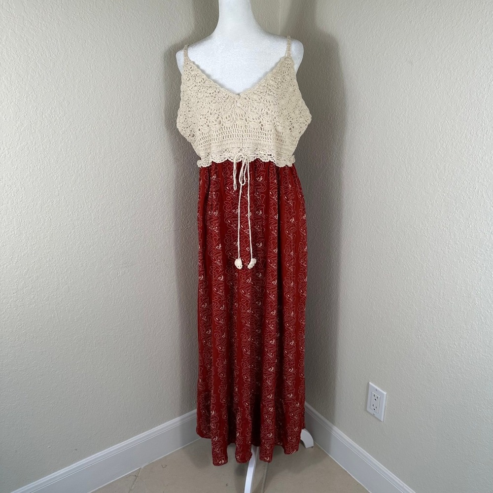 Rebellion Crochet Top Maxi‎ Dress Red White Floral 2X Boho Festival